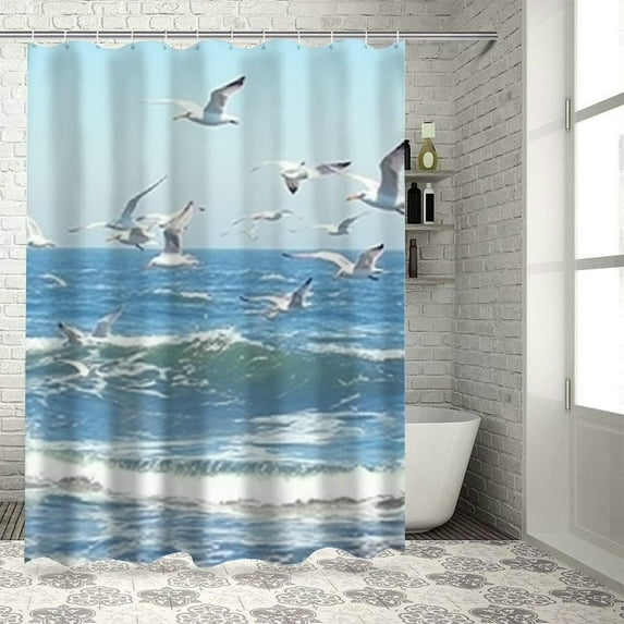 Fenyluxe Seagulls Waves Boat Pretty Shower Curtain 100% Polyester Bathroom Decor Home Bathtubs Decoration with Hooks 36x72