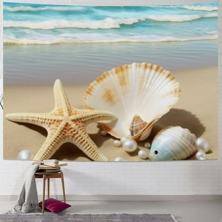 Fenyluxe Seashell Starfish Sandy Beach Tapestry Wall Hanging Dorm Decoration Home Art Short Plush 40x30inch
