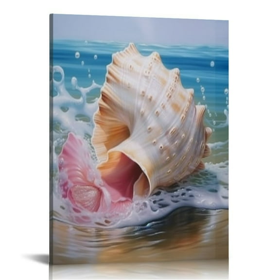 Fenyluxe Seashell Wave Pink Flower Canvas Ready to Hang Wall Art Home Decor Gift 16x20in