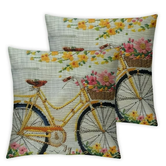 Fenyluxe Set of 2 Bicycle Pillow Cover,Decorative Throw Pillow Bicycle with Flower Pillow Cases Outdoor Indoor Square Cushion Covers for Home Sofa Couch Yellow White