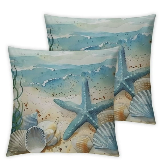 Fenyluxe Set of 2  Nautical Coastal Throw Pillow Covers Ocean Themed Beach Seashell Coral Starfish Pillows Case Soft Cushion Covers for Outdoor Sofa Home Decor, White