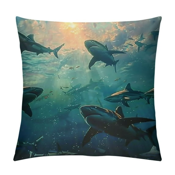 Fenyluxe Shark Decorative Pillow Cover, Marine Life Throw Pillow Cover for Home Office Camping, Underwater World Fish Pillow Cover, Ocean Life Decor Cushion Cover White
