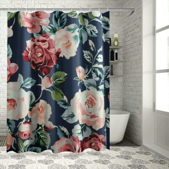 Fenyluxe Shower Curtain,Navy Blue Floral Shower Curtains for Bathroom,Watercolor Ink Flowers Plant Leaf Shower Curtain Sets,Waterproof Fabric Cloth Shower Curtains Set White