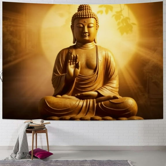 Fenyluxe  Sitting Buddha Golden Lights Tapestry Lotus Meditating Zen Wall Hangings Tapestry for Kids Birthday Bedroom Living Room Dorm Background 40x30inch