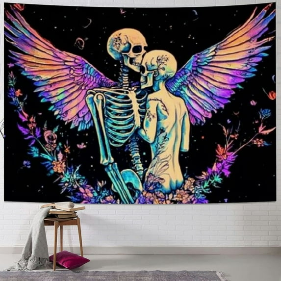 Fenyluxe Skull Butterfly Tapestry Mushroom Tapestries Kissing Lovers Skeleton Tapestry Tree Leaves Wall Tapestry Decor Neon Aesthetic Tapestry Wall Hanging for Bedroom 50x40inch