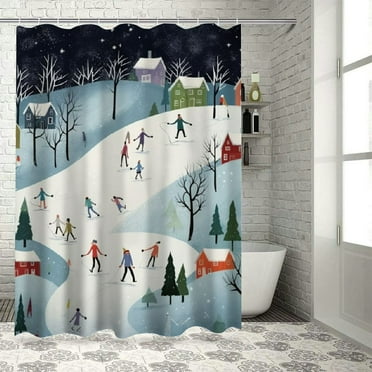 Fenyluxe Snow Skiing Night Scene Printed Shower Curtain | Decorative 100% Polyester Washable Bathroom Curtain with Hooks | Home Bathtubs Bathroom Decor 36x72