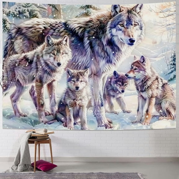 Fenyluxe  Snow Wolf Tapestry Pink Family Wolves Tapestry Wall Hanging Wild Animal Tapestries for Bedroom Living Room Dorm Decor 40x30inch