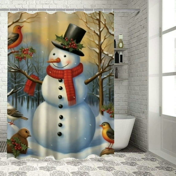 Fenyluxe Snowman and Birds Print Shower Curtain, Chic Modern Bathroom Decor, 100% Polyester Fabric, Background Curtain for Showers and Bathtubs with Hooks 36x72