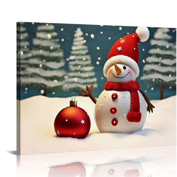 Fenyluxe Snowman Christmas Tree Red Ornament Wall Art Print On Canvas for Home Room Decor, Ready To Hang 16x12in