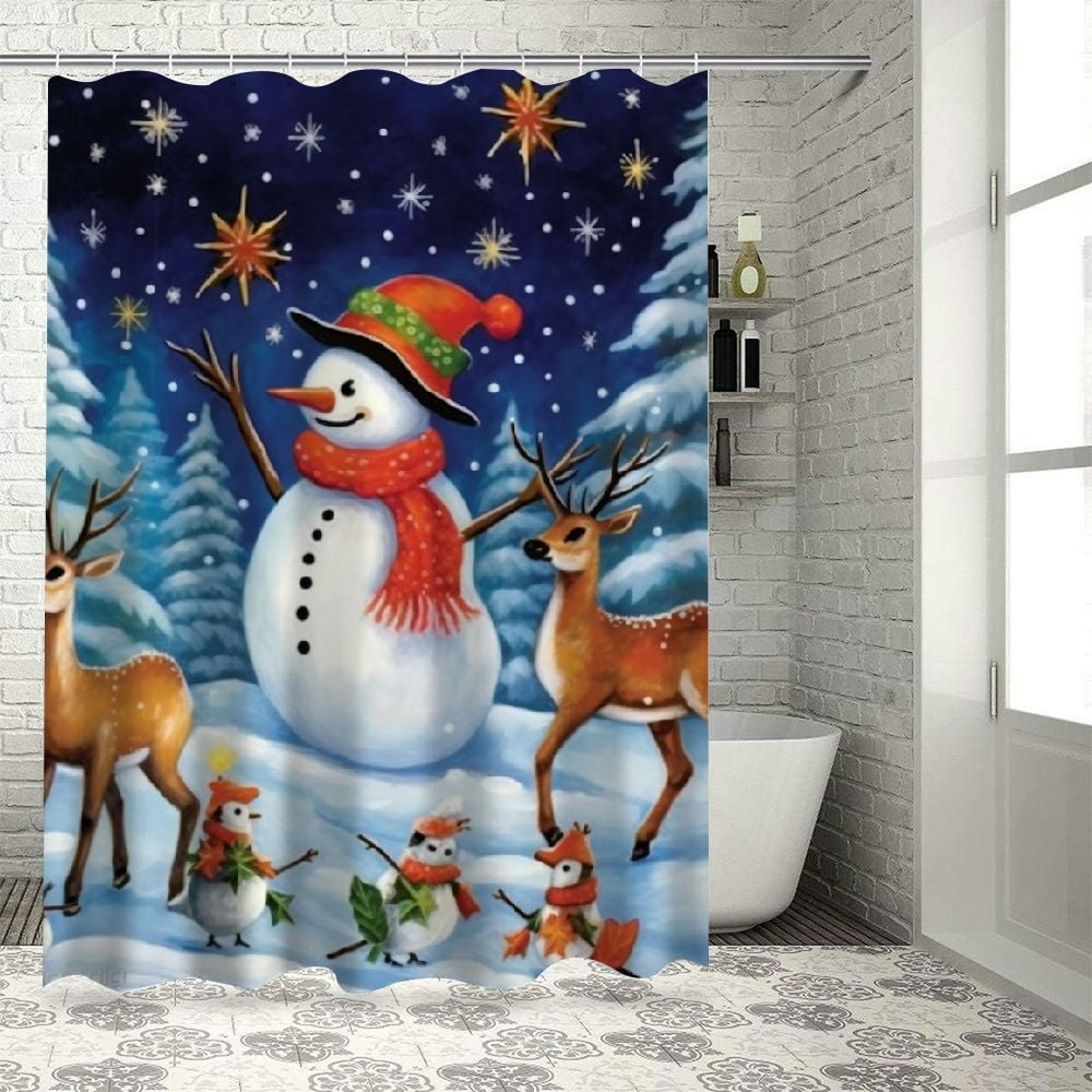 Fenyluxe Snowman Deer Birds Print Shower Curtain, Background Curtain