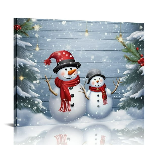 Fenyluxe Snowman Merry Christmas Snow Canvas Wall Art Decor Ready to Hang for Home Bathroom - Room Home Art Decor 16x12in