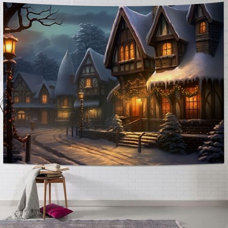 Fenyluxe Snowy Village Christmas Tree Winter Landscape Tapestry Wall Hanging Dorm Decoration Short Plush Fabric Multi-Functional Dorm Decor 40x30inch