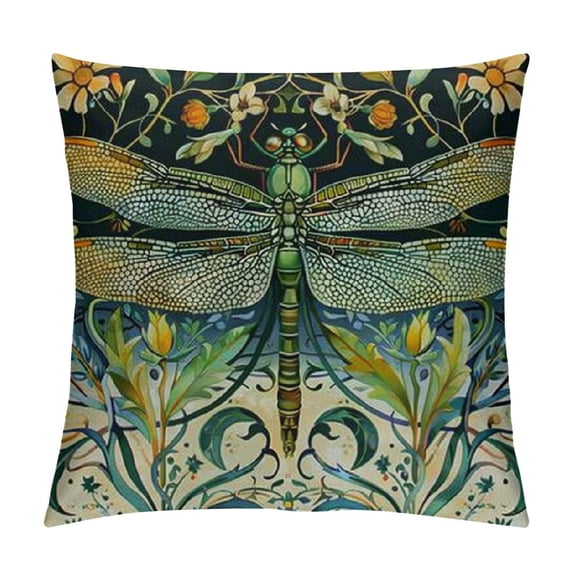 Fenyluxe Spring Dragonfly Throw Pillow Cover Vintage French Floral Aesthetic Euro Novelty Rustic Teal Washable Decoration Bedding Cozy Bed Couch Home Dorm Indoor Outdoor Pillows 20x20in