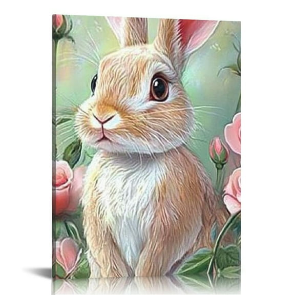 Fenyluxe Spring Easter wall art bunny decoration rabbit surrounded by rose petals funny animal poster canvas wall art aesthetic picture suitable for room living room wall decoration 12x16in