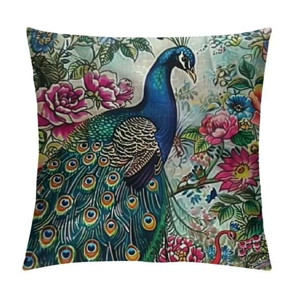 Fenyluxe SquareFabric Throw Pillow Cushion Cover Peacock Pattern Peacock Feathers Double Sides White