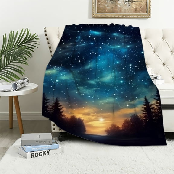 Fenyluxe Stars Forest Moon Print Flannel Throw Blanket for All Seasons - Lightweight & Cozy 60x80in