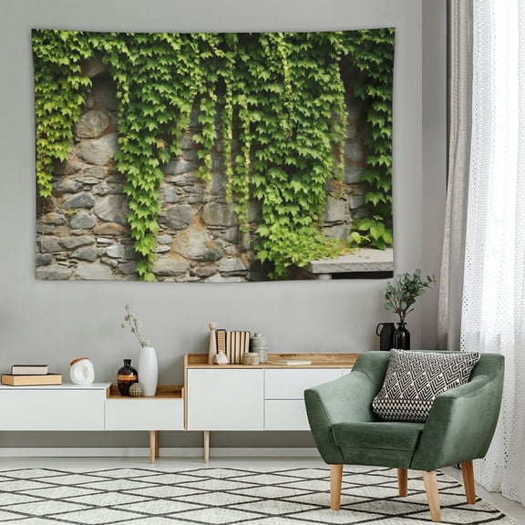Fenyluxe  Stone Wall Tapestry 60x40 Inch Spring Garden Green Leaves Tapestry Old Stone Wall Overgrown with Leaves Outdoor Nature Tapestry Greenery Home Decor Aesthetic Living Room Decor