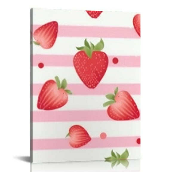 Fenyluxe Strawberry Hearts Pink Stripes Canvas Wall Art Decor For Home Living Room Bathroom Bedroom Office - Modern Art Print 12x16in
