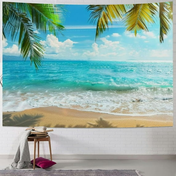 Fenyluxe Summer Beach Theme Tapestry Wall Hanging Palm Trees Ocean Sea Beach Wave Scenery Wall Art Tropical Nature Tapestry Holiday Home Decor for Bedroom Living Room
