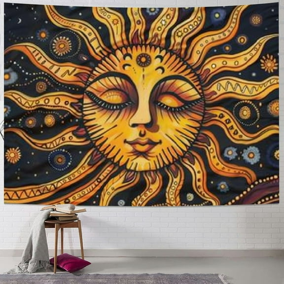 Fenyluxe Sun Moon Face Tapestries Black Brown Stars Frame Wall Hanging Polyester Backdrop for Living Dining Room College Dorm 40x30inch