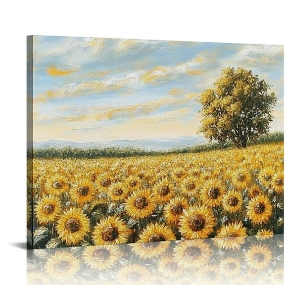 Fenyluxe  Sunflower Canvas Wall Art Sea of Flowers Field Oil Painting Reproduction Print Rustic Retro Artwork Picture Modern Wall Art for Country Farmhouse Living Room Bedroom Home Office 20x16in