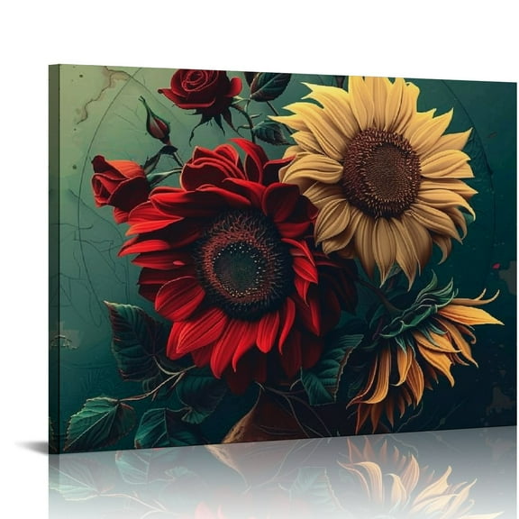 Fenyluxe Sunflower Roses Vase Canvas Print Wall Decor for Home Ready To Hang Room Art Decor for Bedroom Kitchen Pictures 16x12in