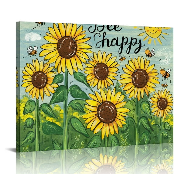 Fenyluxe Sunflowers Bees Folk Art Canvas Wall Print with Wooden Frame for Living Room & Bedroom Decor, Ready to Hang - Ideal Gift 16x12x0.75in