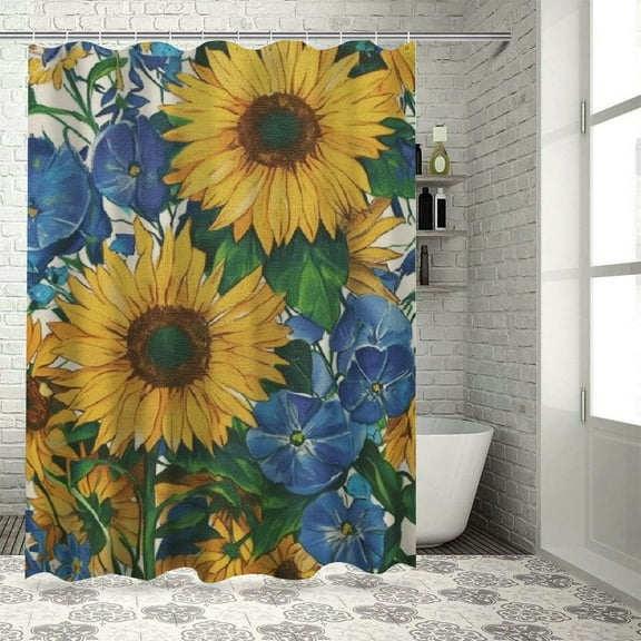 Fenyluxe Sunflowers Blue Flowers Bathroom Shower Curtain Set with Hooks and Various Sizes Home Bathtubs Decoration Waterproof Polyester Fabric Curtain 36"x72