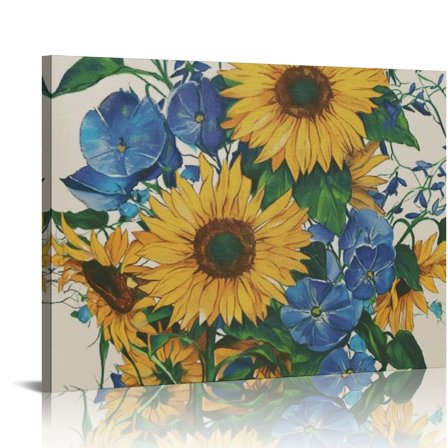 Fenyluxe Sunflowers Blue Flowers Wall Decor for Bathroom and Bedroom Ready To Hang Room Home Art Decor 16x12in
