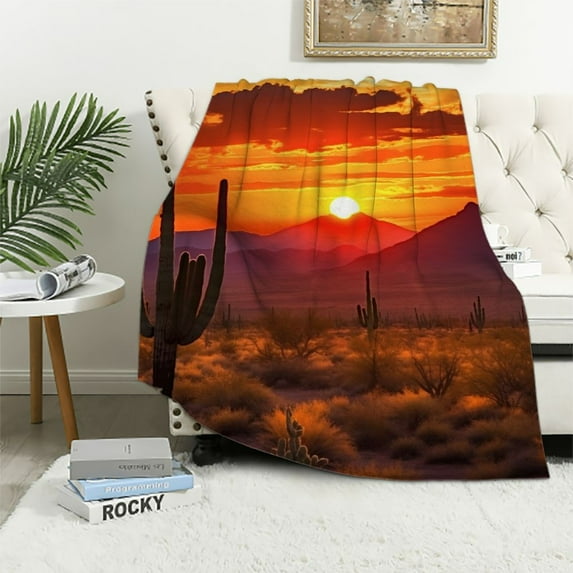 Fenyluxe Sunset Desert Mountain Throw Blanket for Couch Sofa Bed Office Travel Camping School Flannel Blanket All Seasons 50x60in