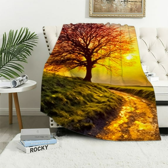 Fenyluxe Sunset Tree Path Print Throw Blanket | Soft Plush Blanket for Bed Couch Car | All Seasons Blanket Gifts 60x80in