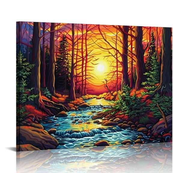 Fenyluxe Sunset Trees Rocks Canvas Wall Art Decor for Bedroom and Kitchen 16x12in