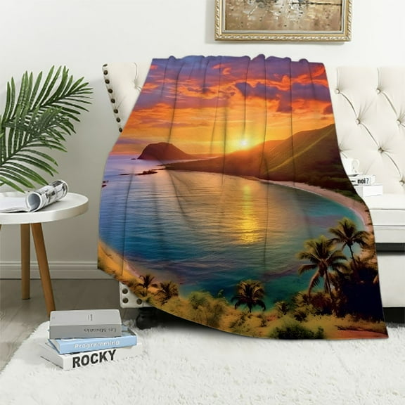 Fenyluxe Sunset Tropical Island Beach Throw Blanket for Couch Sofa Bed Office Travel Camping School Flannel Blanket Super Soft All Seasons  Soft Plush Blankets 40x50in