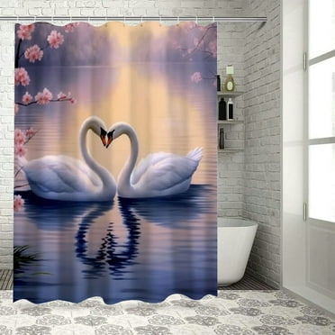 Fenyluxe Swans Cherry Blossoms Romantic Pretty Shower Curtain Bathroom Decor Polyester Fiber Shower Curtain with Hooks 36x72