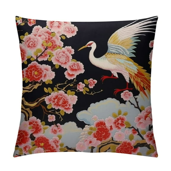 Fenyluxe Throw Pillow Cover Blue Animal with Flying Birds Crane Heron Japanese Pattern Oriental Motifs Green Asian Square Decorative Throw Pillow Cushion Case Pillowcase 12x12in