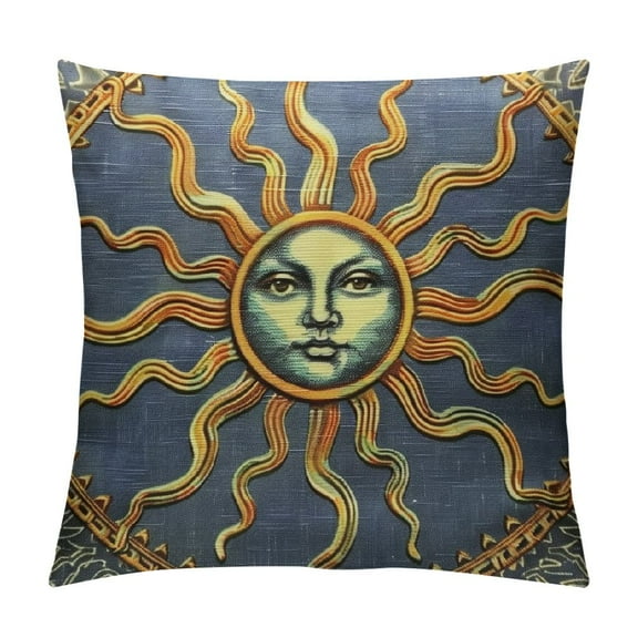 Fenyluxe Throw Pillow Covers Vintage Celestial Baroque Blue Gold Sun Face Planet Astronomy Decorative Square Pillowcases Cushion Cover 12x12in