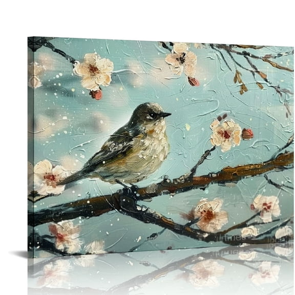 Fenyluxe Traditional Chinese Painting Canvas Wall Art -Plum Blossom & Birds, Gallery Wrapped, Modern Home Art for Bedroom, Office, Dorm Decor, Ready to Hang 16x12in
