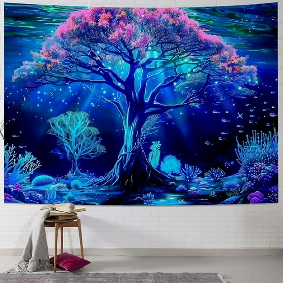 Fenyluxe  Tree Tapestry Underwater World Tapestry Trippy Jellyfish Tapestry Colorful Plant Tapestry Neon Coral Reef Marine Life Tapestry Wall Hanging for Home Decor 40x60inch