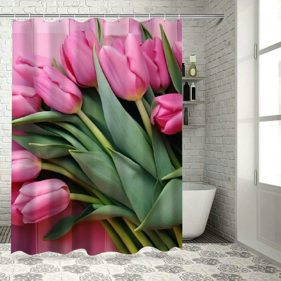 Fenyluxe Tulips Pretty Shower Curtain Bathroom Decor 100% Polyester Fiber Washable Shower Curtain with Hooks 69x72