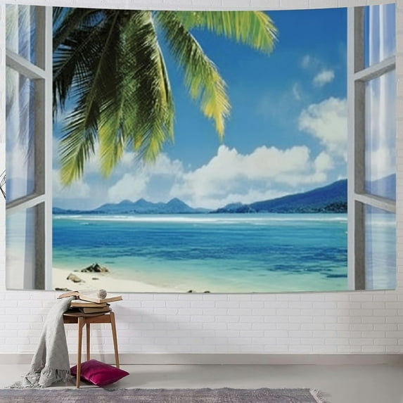 Fenyluxe Turquoise Tapestry, Exotic Palm Trees on Island Ocean Summer Beach Through Wooden Windows View, Wall Hanging for Bedroom Living Room Dorm Decor 40x30inch