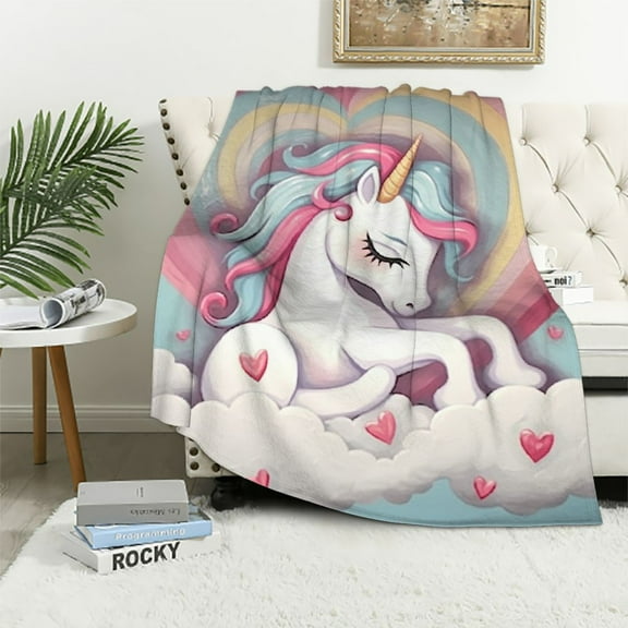 Fenyluxe Unicorn Clouds Heart-Shaped Pillow Print Throw Blanket for Bed Couch Car Kids and Adults Lightweight All Seasons Blanket 40x50in