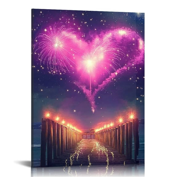 Fenyluxe  Valentine's Day Themed Canvas Printed Wall Art - Pink Heart Fireworks - Modern Wall Decor Home Decor Gallery Decor - Canvas Art Printed Poster - Best Gift For Lovers 12x16 in