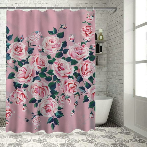 Fenyluxe Vintage Shower Curtain, Romantic Shabby Form Style Inspired Flowers with Little Roses Lilacs Artwork, Cloth Fabric Bathroom Decor Set with Hooks, Pale Pink White