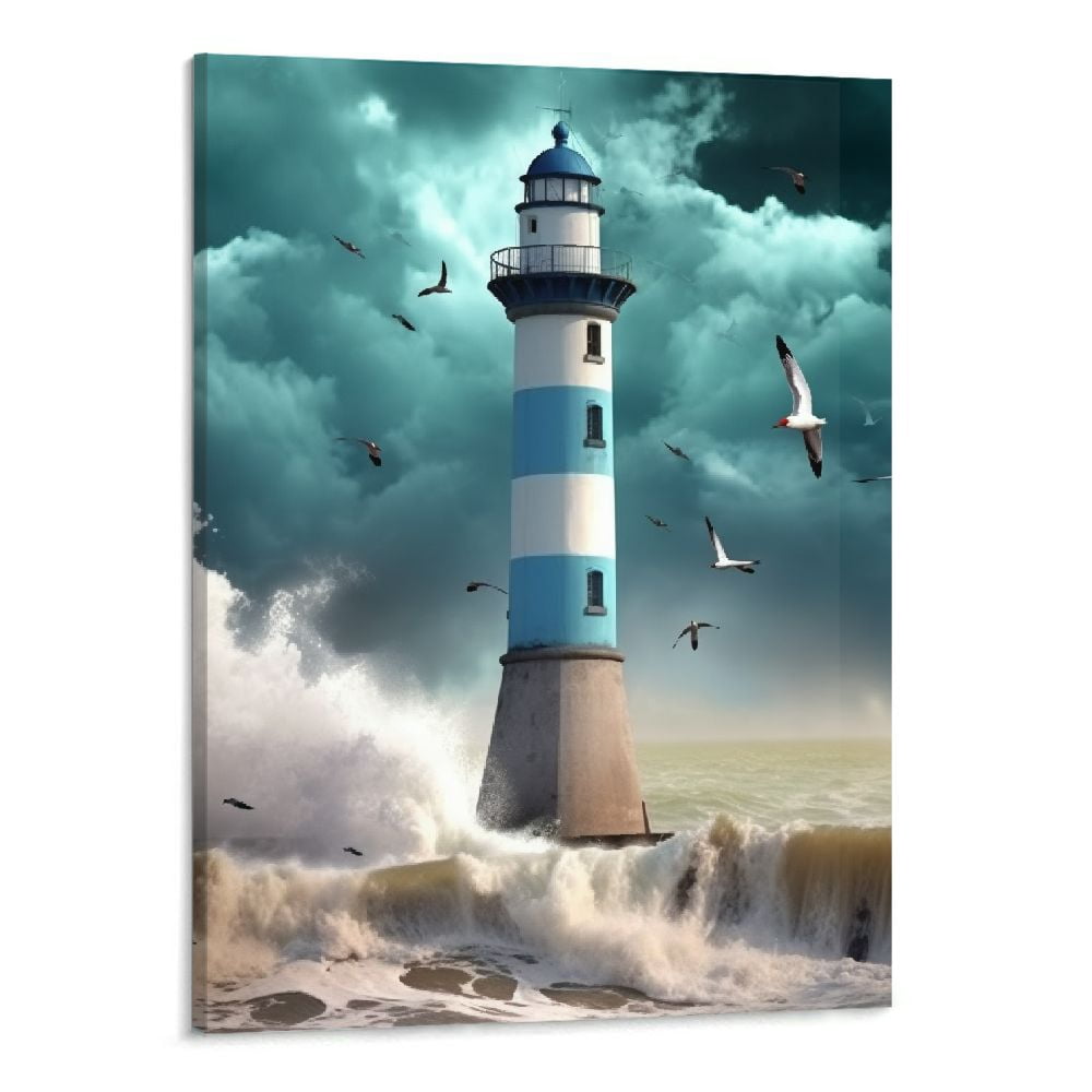 Fenyluxe Wall Art Blue Ocean Beach Canvas Coastal Lighthouse Paintings ...