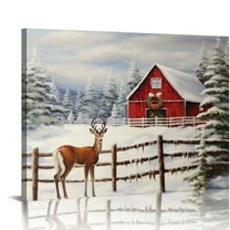 Fenyluxe Wall Art Deer Snowy Field Red Barn Christmas Wreath Canvas Print Ready To Hang Home Decor 16x12in