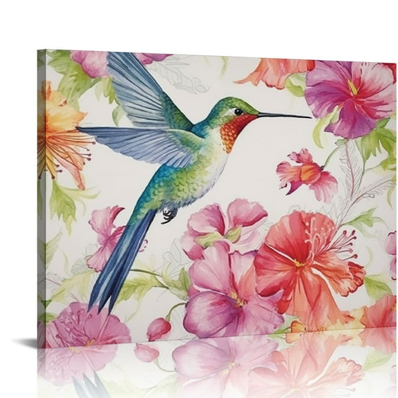 Fenyluxe Wall Art Hummingbird Flowers Watercolor Painting Canvas Print - Modern Home Decor for Bedroom, Living Room, Kitchen - Ready To Hang 16x12in