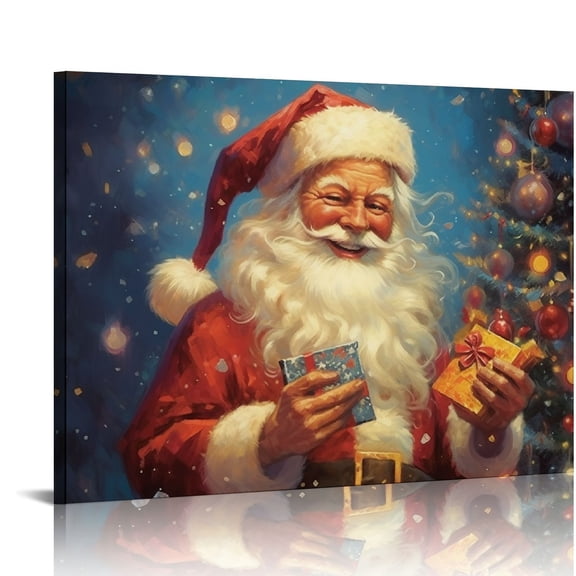 Fenyluxe Wall Decor for Bathroom Santa Claus and Christmas Tree Oil Painting Art Canvas Prints Modern Style Ready To Hang - Home Art Decorations, Pack of 1, Large Size 16x12in
