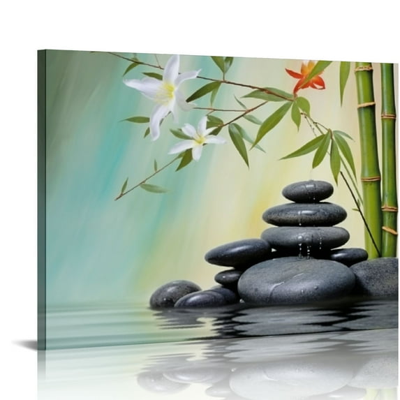 Fenyluxe Wall Decor for Bathroom Bamboo Tree Flower Rocks Canvas Art Ready To Hang Room Home Decor 20x16in