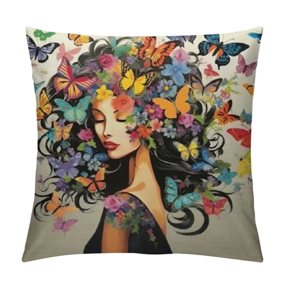Fenyluxe Watercolor Colorful Purple Beautiful Butterflies Flowers Leaves Women Girl Decorative Throw Pillow Cover Case Home Living Room Bed Sofa Car Square 22x22in