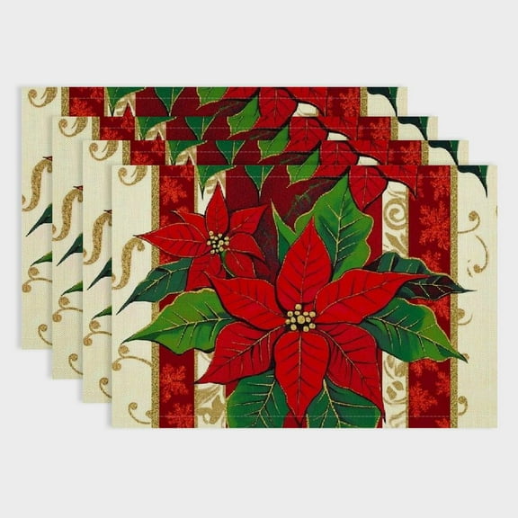 Fenyluxe Watercolor Poinsettia Red Christmas Placemats Set of 4,Seasonal Winter Christmas Table Mats for Party Kitchen Dining Decoration 18x12in